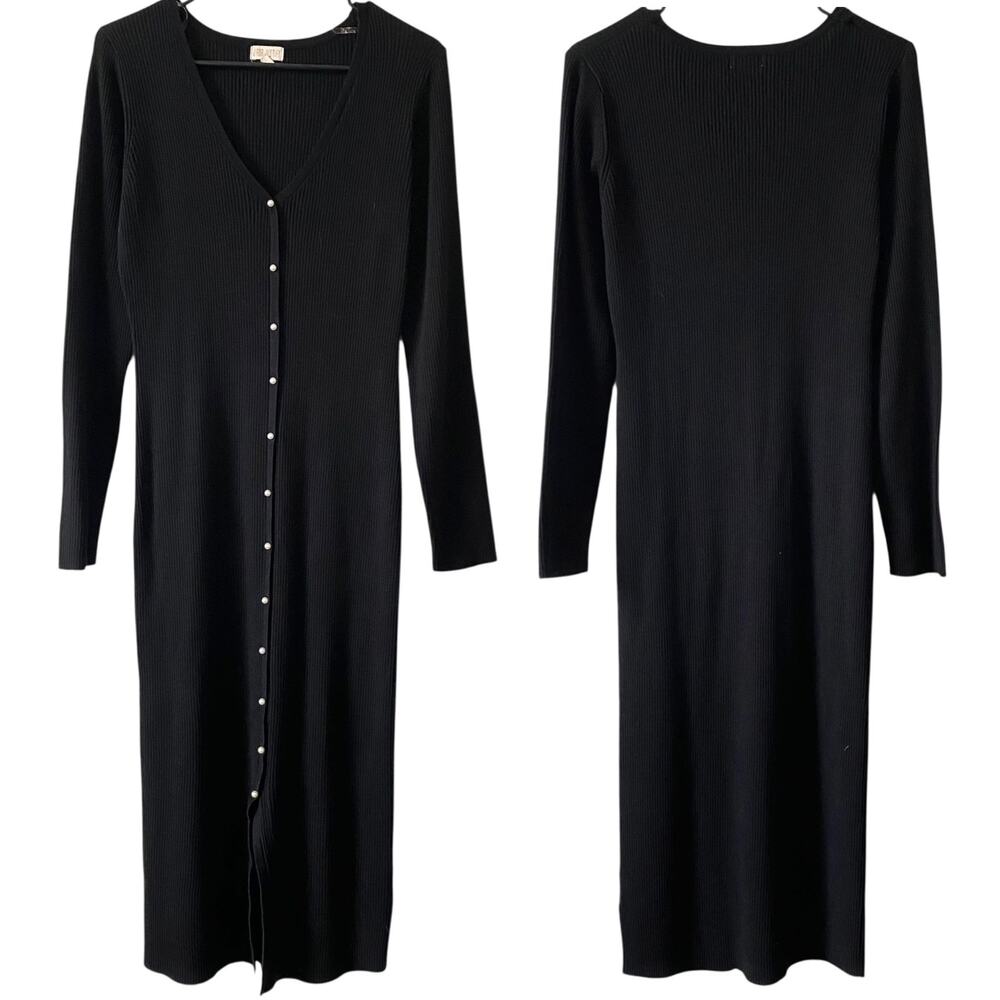J FOR JUSTIFY BLACK Pearl Button Down Sweater Dress Size XL Long Sleeve V Neck